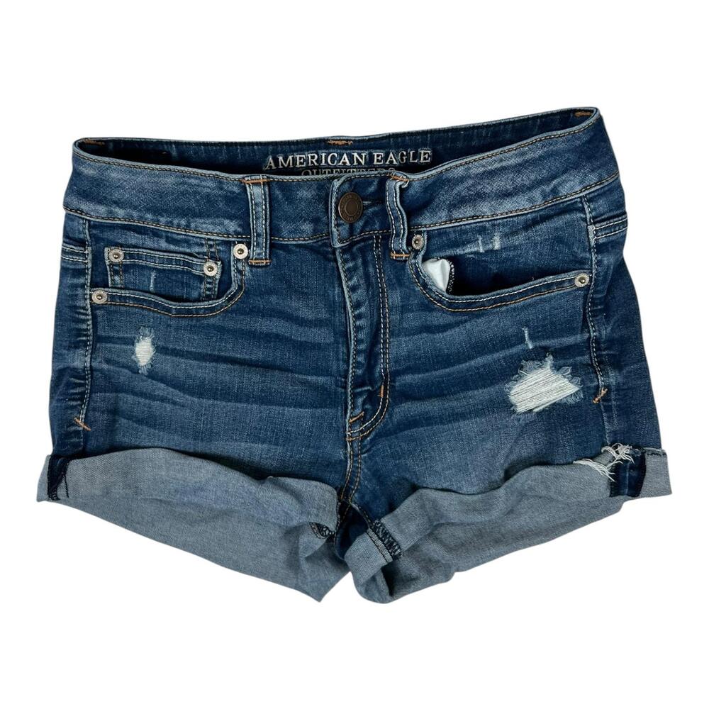 American Eagle Shorts Womens 6 Blue Super Stretch Denim Cutoff Cuffed Casual